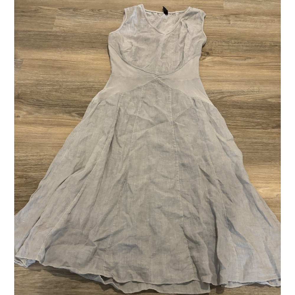 Inizio Linen Midi Dress Large Gray Lagenlook Sleeveless V-Neck Made in Italy